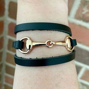 Snaffle Bit Wrap Bracelet with Black Genuine Leather - Gold